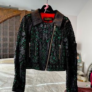 CATHERINE MALANDRINO Leather and silk embroidered moto jacket Size 40